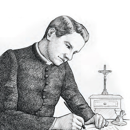 Black and white illustration by John Folley of Father Michael J. McGivney sitting and writing with a fountain pen.