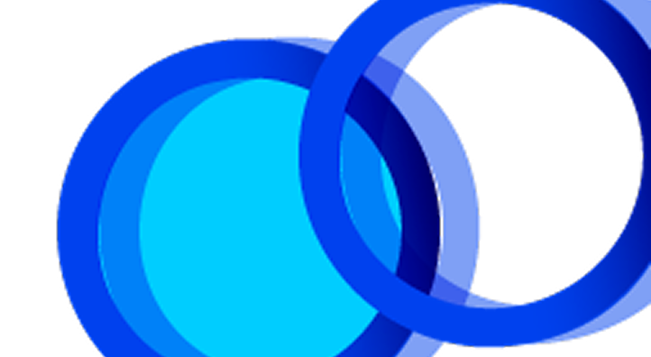 An abstract graphic featuring a bright cyan circle overlaid by blue concentric rings on a black background.