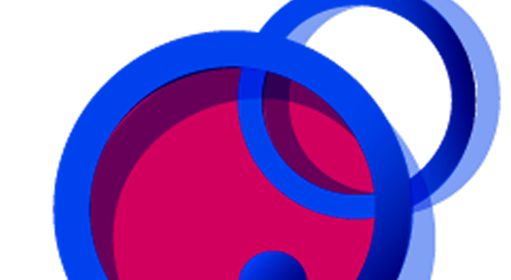 An abstract graphic featuring a magenta circle with a dark blue center, overlaid by blue concentric rings on a black background.