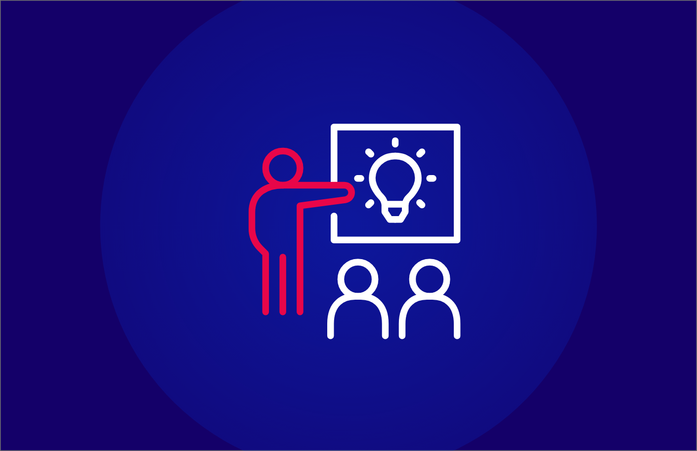 Line Icon of a presenter pointing to a white board in front of an audience, symbolizing teaching, credibility, or professional influence.