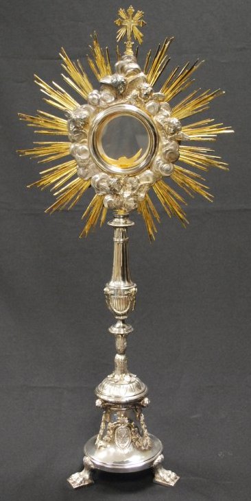 Monstrance by Roman artisans from Lazio district. The monstrance is a receptacle used to hold a consecrated host being displayed for adoration.