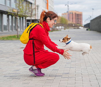 Dekle v rdeči trenirki se na ulici zabava s psom - fotografije je ujela trenutek, ko ji je majhen mešanček skočil v naročje.