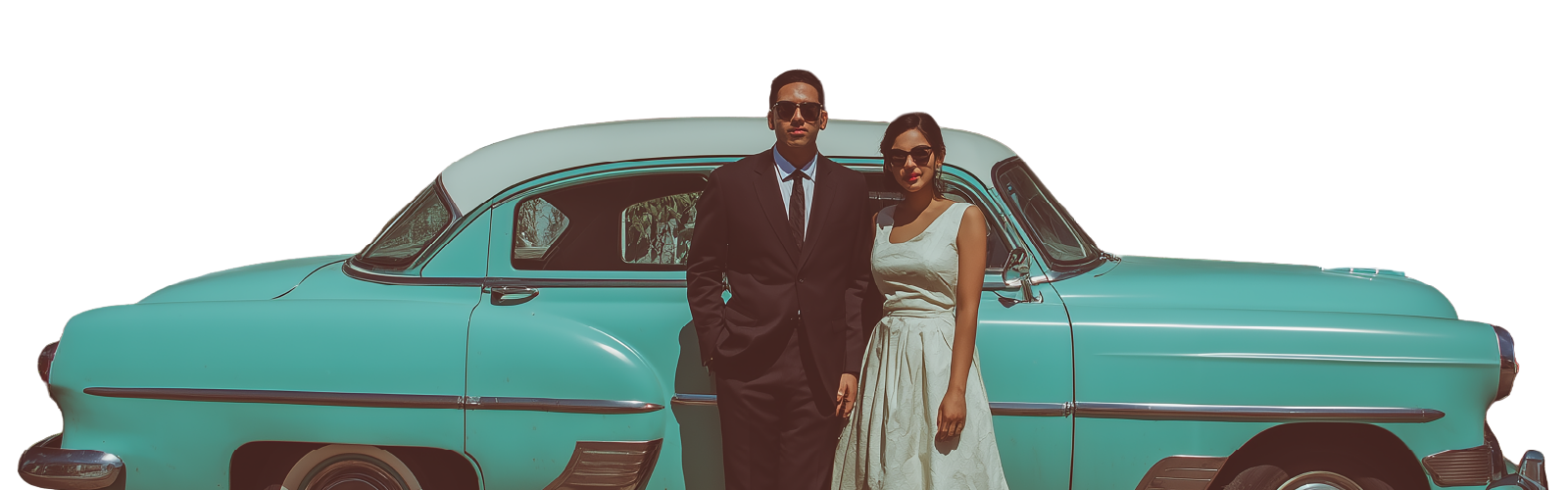 cool retro couple in front of 1950s automobile.