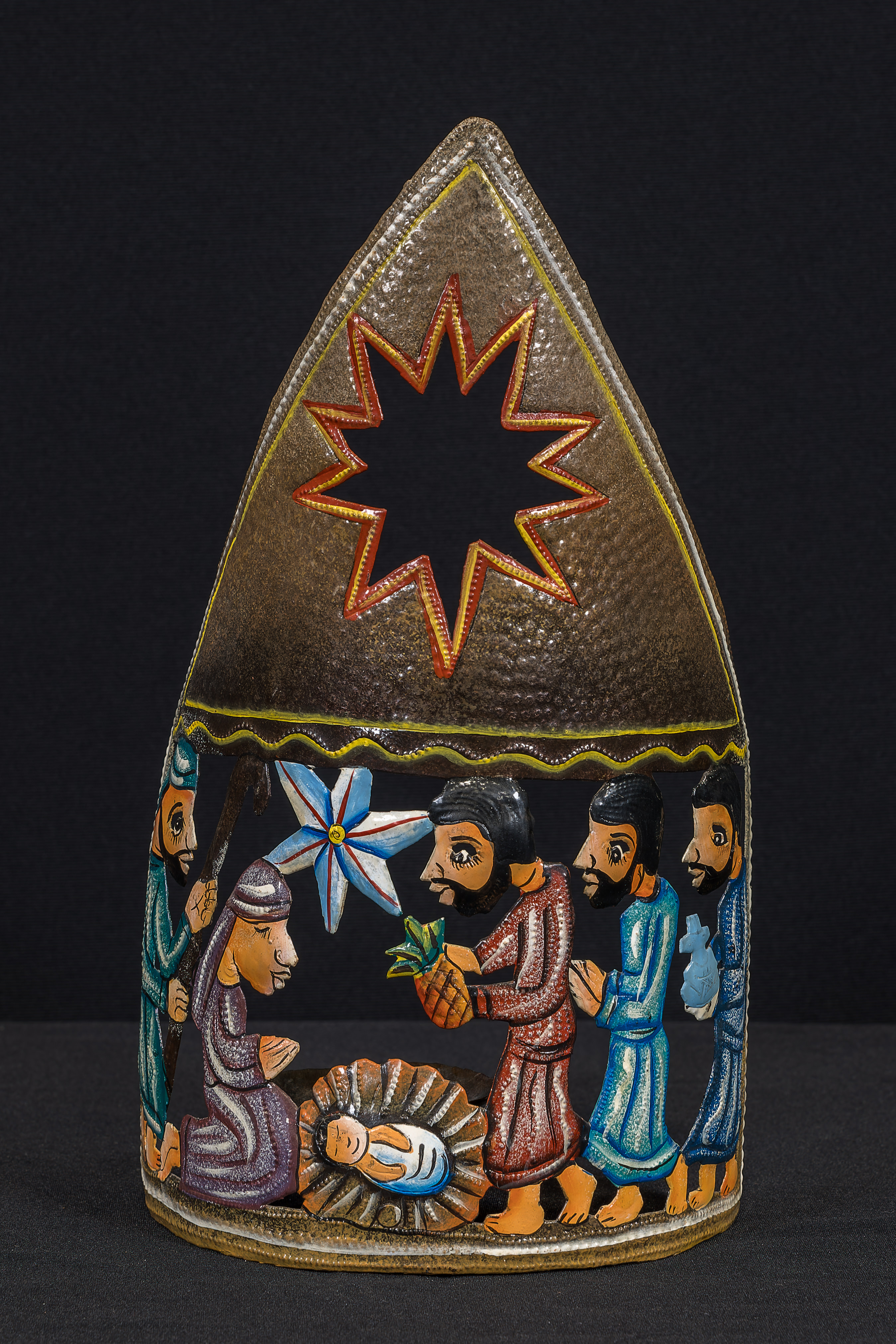 Crèche from Haiti. Painted steel Nativity with Holy Family and 3 Magi.