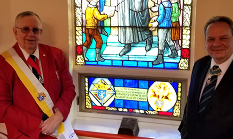 A beautiful stained-glass window of Father McGivney donated to Our Lady of Lourdes Church by the Manresa Council 2147.
