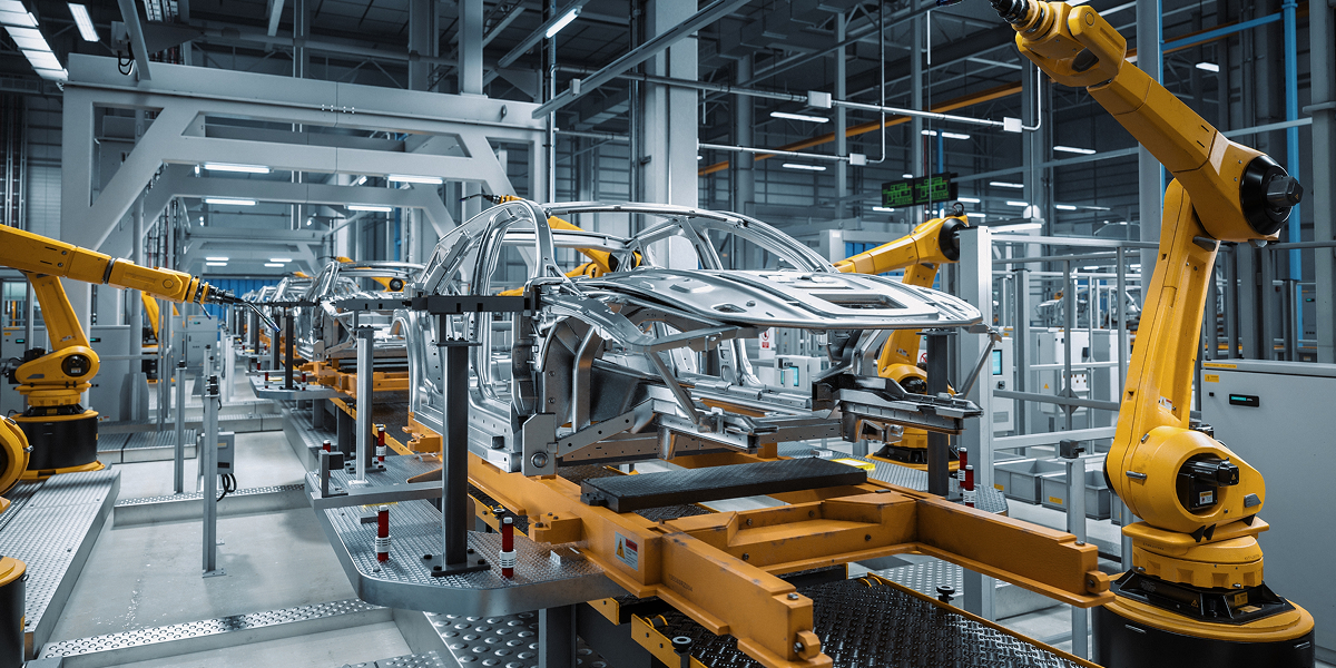 Factory that shows a several cars getting constructed by robots