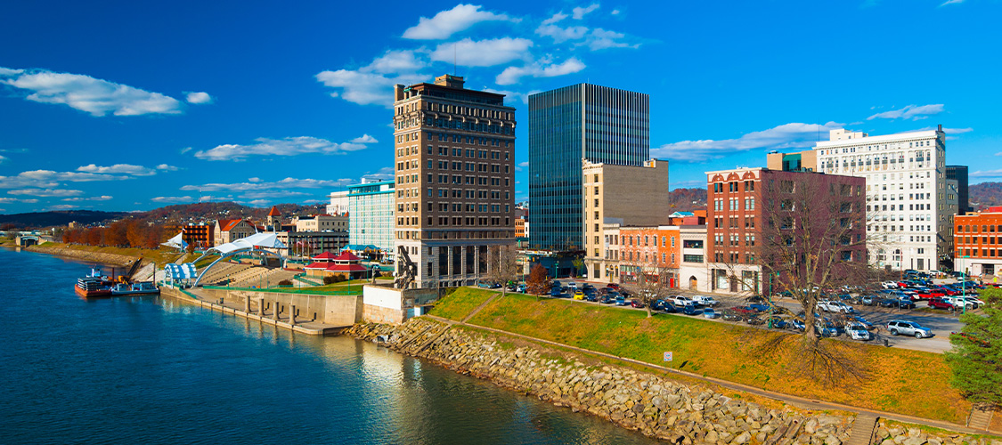 Buildings near a river