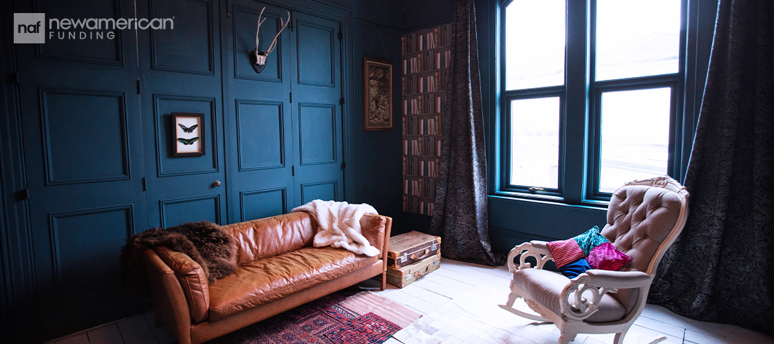 A navy living room.