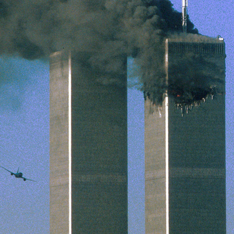 Photo of the second plane before crashing into the World Trade Center Tower.