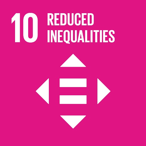 Icon of equality = symbol with arrows surrounding it, text 'reduced inequalities'