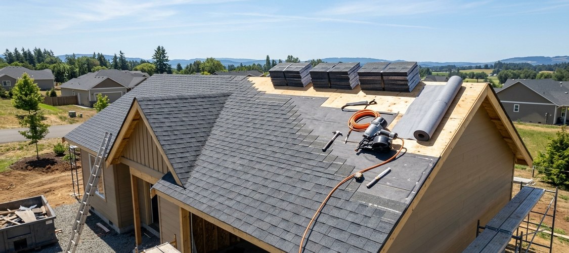 Shingles going onto a roof.