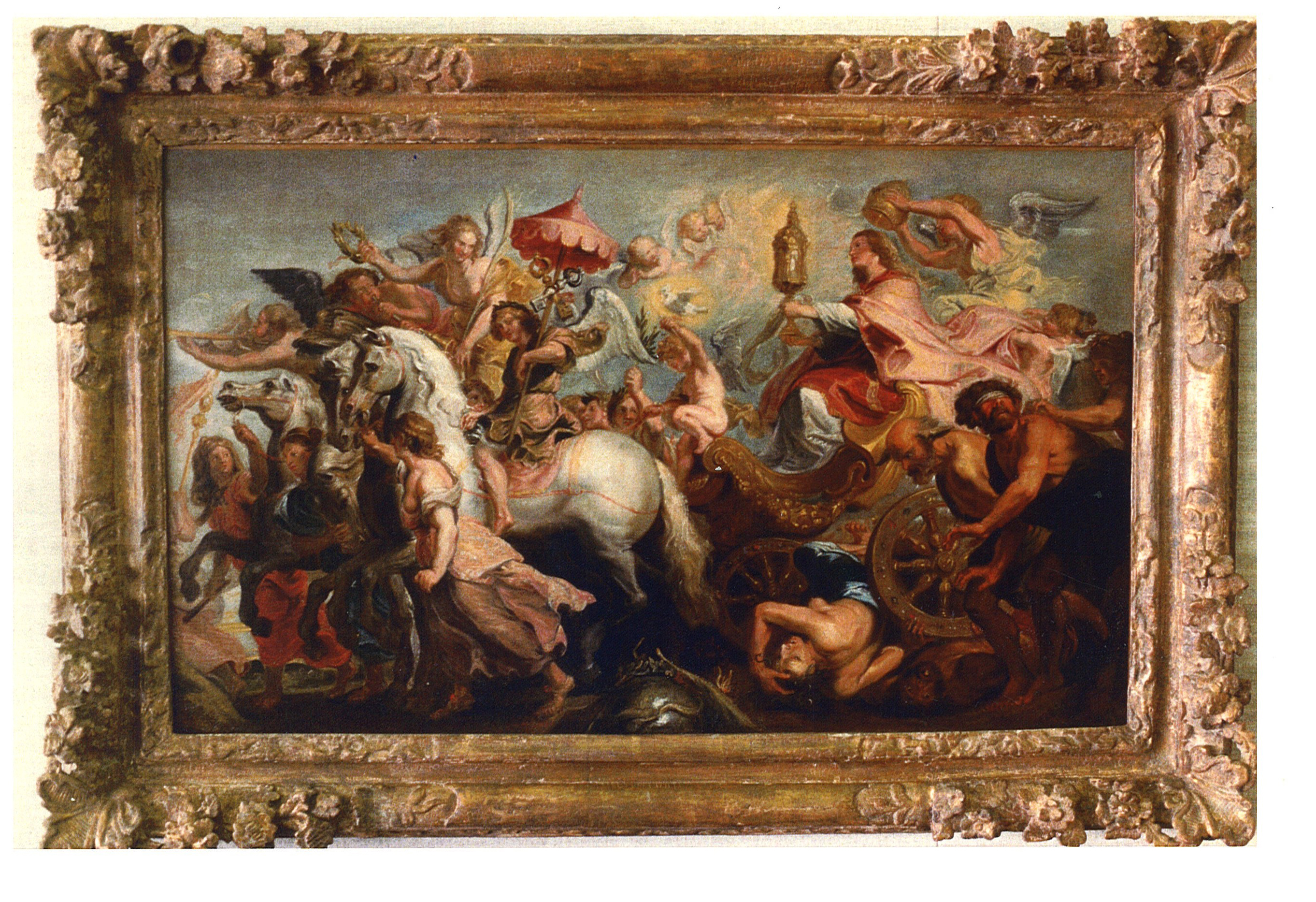 Painting, "The Triumph of the Church," by the Studio of Peter Paul Rubens. Depicts a holding the Eucharist in a reliquary woman in a chariot.