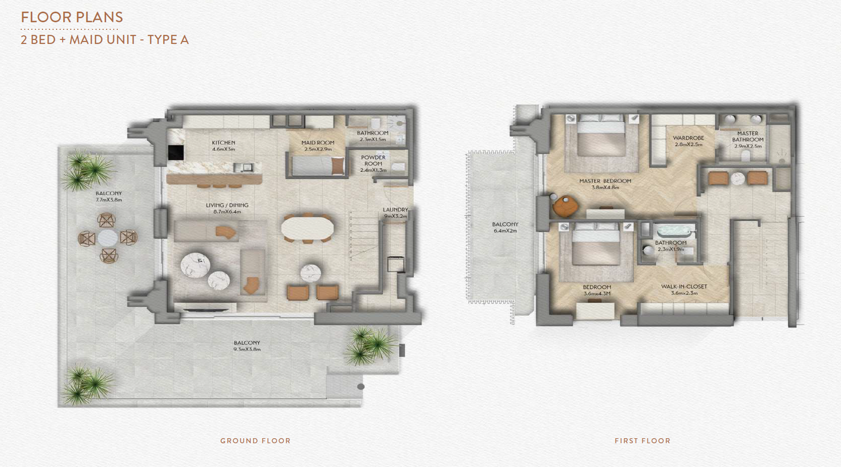Sama Yas 2 bedroom plus maid typea floor plan