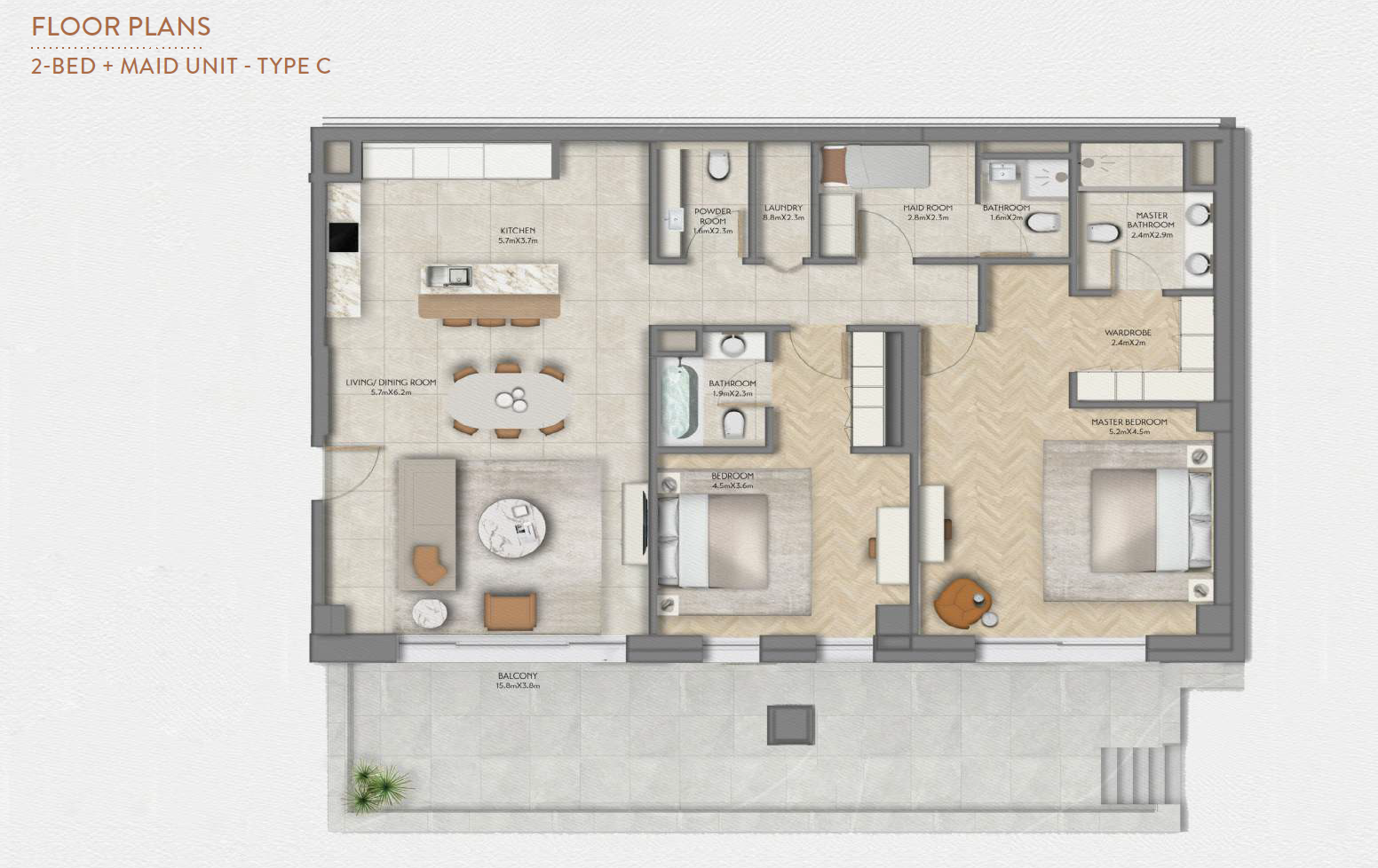 Sama Yas 2 bedroom plus maid typec floor plan