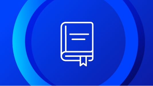 White outline icon of a closed book with a bookmark, centered within concentric blue rings on a dark blue background