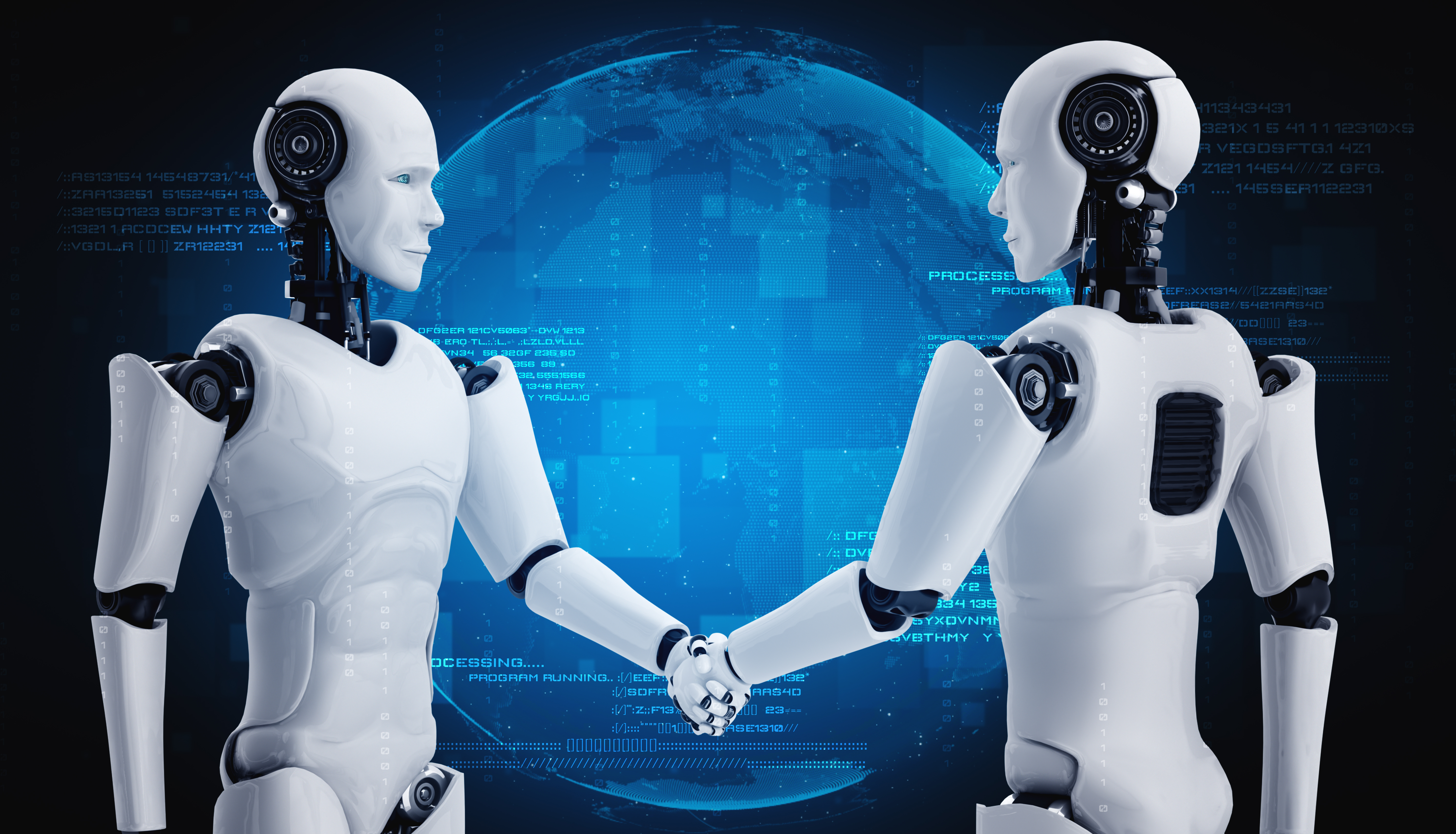 Two sleek, white humanoid robots stand facing each other, engaged in a firm handshake. They are set against a high-tech blue background featuring a digital wireframe globe and scrolling lines of computer code, representing collaboration and agreement in the field of robotics.