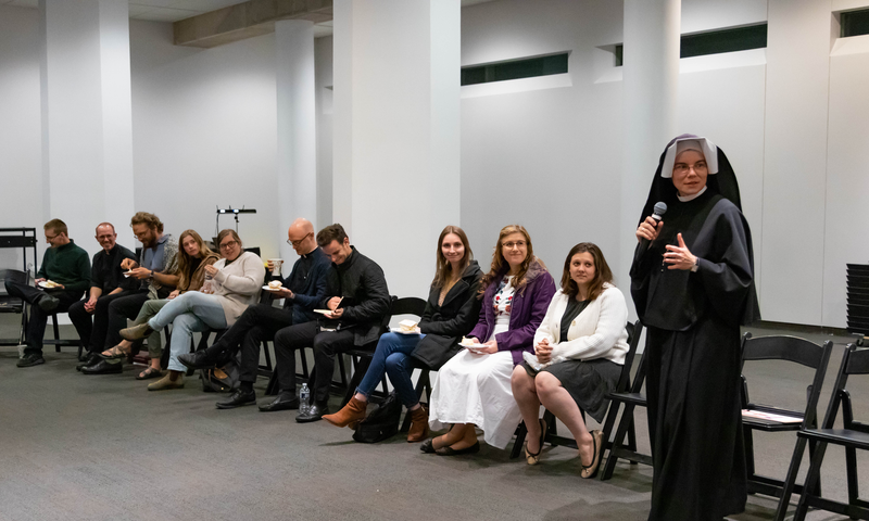 Sister Donata speaks to a group at the JP2 Shrine.