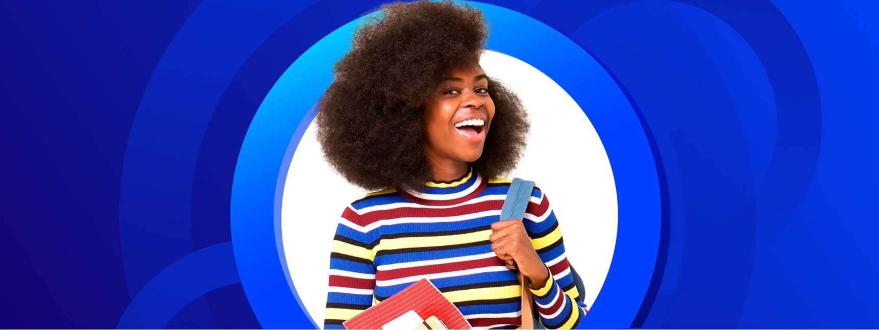 A happy female student with voluminous dark hair smiles enthusiastically, holding books and a bag strap, centered within a dynamic blue and white circular background.
