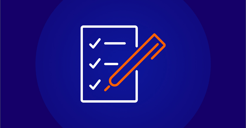 White line-art icon of a checklist on a clipboard or paper with three checkmarks, next to an orange pen, set against a dark blue background.