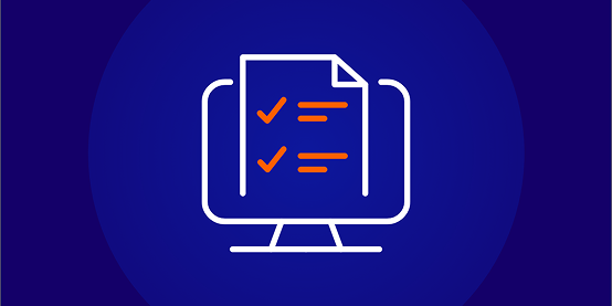 Line-art icon of a computer monitor displaying a document with checkmarks and orange text lines, representing online exams or assessments, set against a dark blue background.