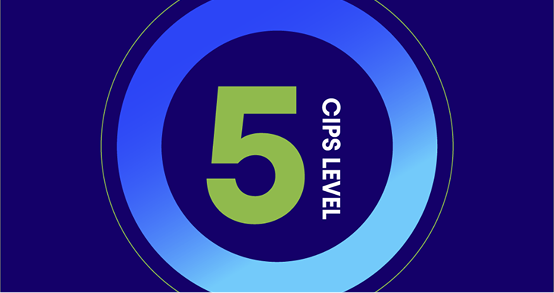 A large green number 5 centered within a blue-to-light blue gradient ring on a dark blue background, with the text CIPS LEVEL written vertically along the right side.