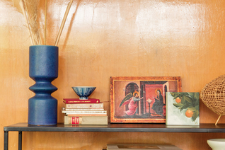 Shelves with books and a small painting