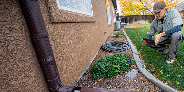 A man in work clothes crouches in the grass beside a home looking down at a tablet in his hands