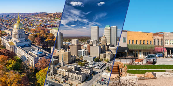 A collage of various American cities and towns 