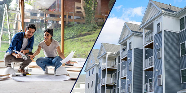 A split photo with two people planning construction on their new home on one side and an apartment complex on the other