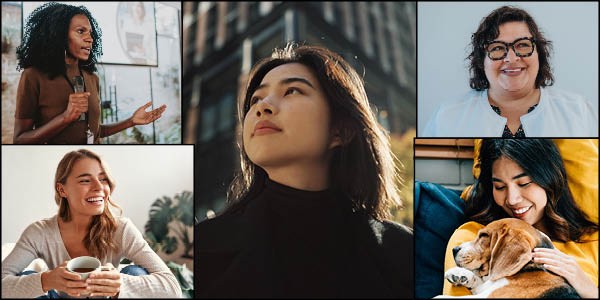 A collage of diverse women smiling confidently in various settings