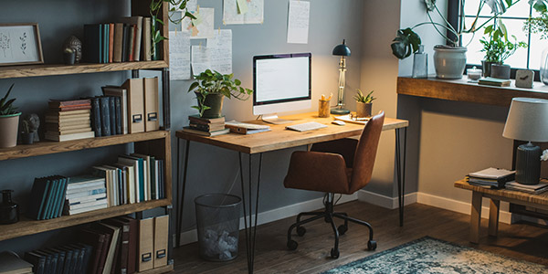 Aesthetic and well organized home office space with books, electronics, and plants