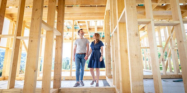 couple walking through their frame house