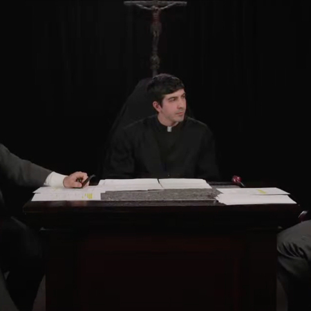 Three men perform scene three from the play "He Was Our Father" in the Council Chamber at the McGivney Pilgrimage Center on March 27, 2022.