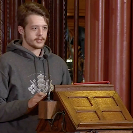 Nathan Schachle gives address during Young Adult Prayer Vigil Saint Mary’s Church, Oct. 31, 2020.