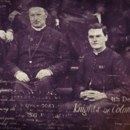Stylized image of Father McGivney with fellow priests.