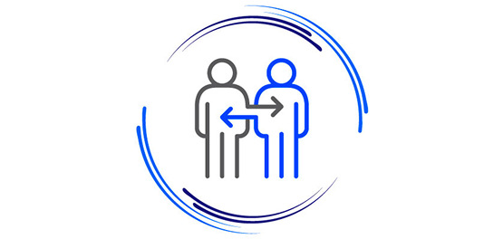 Icon of two people facing each other with arrows pointing between them, representing meeting and connecting with volunteers