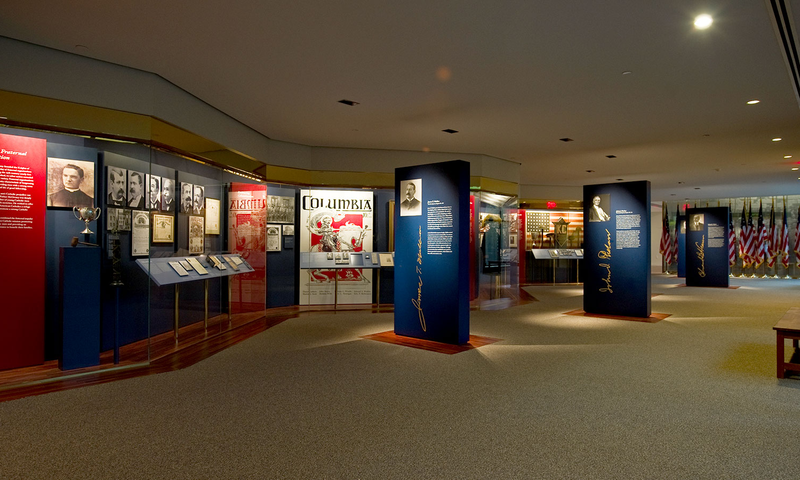 Photo of the beginning of the Wall of History exhibit, which discusses the early history of the Knights of Columbus.