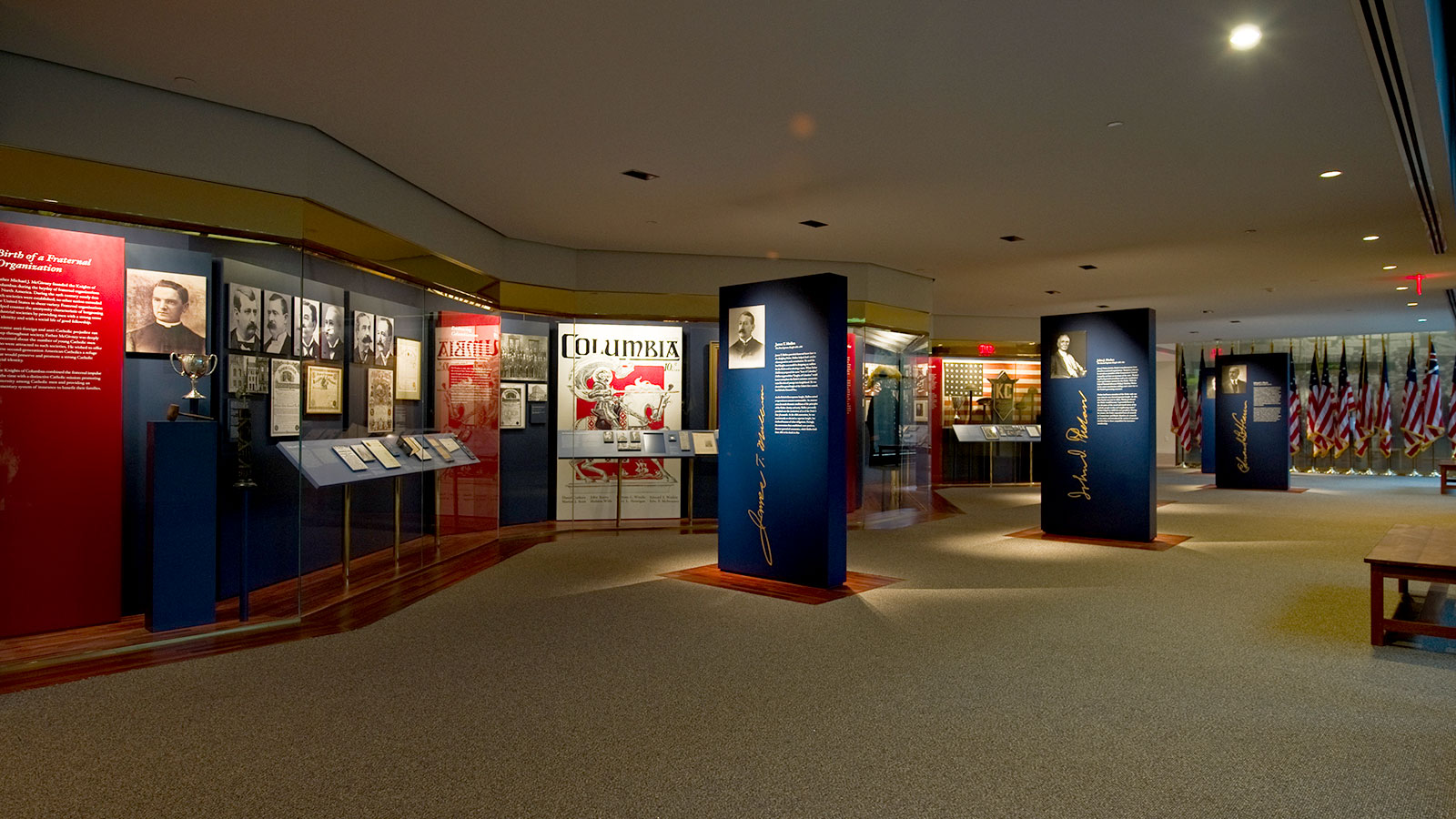 Photo of the beginning of the Wall of History exhibit, which discusses the early history of the Knights of Columbus.