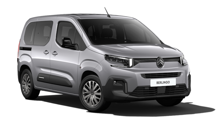 A grey Citroen Berlingo on a white background