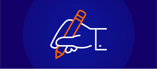 A white line-art icon on a dark blue background showing a hand holding an orange pencil, symbolizing assessment authoring or writing.