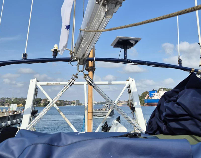 Image taken from onboard a yacht pulling into a pier