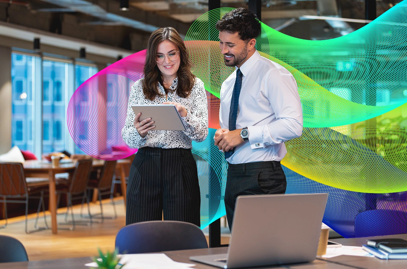 Stylised banner of a enterprise business colleagues working in large office