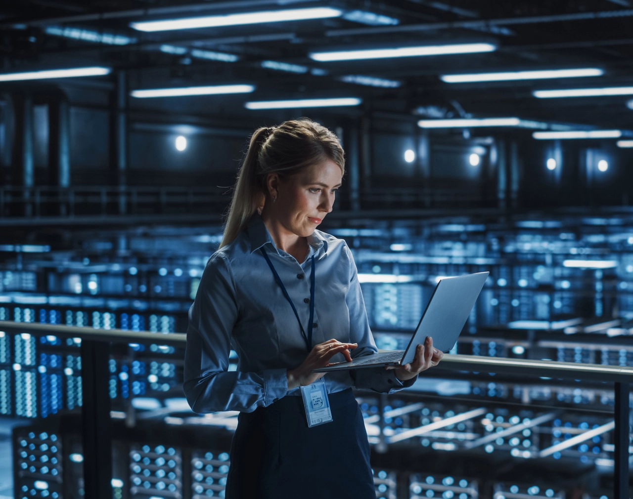 Stock image of data centre worker looking at laptop