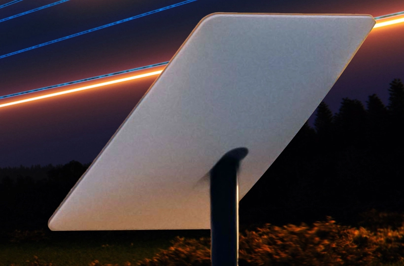 This is an image of Starlink's Satellite Dish - Dishy Mc Flatface with an information highway graphic in the background
