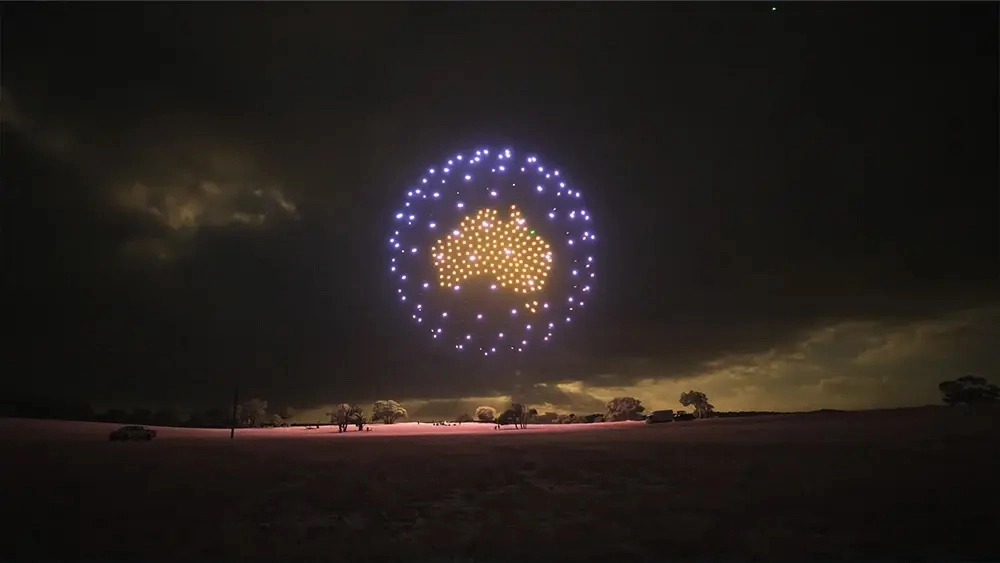 Picture of Vocus' drone show to promote the launch of Vocus Satellite Starlink. Vocus won Best Telecom Marketing Initiative: Vocus Satellite – Starlink at the CommsDay Edison awards 2024