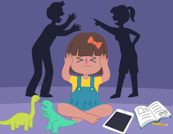 Illustration of young girl looking upset as her parents fight in the background