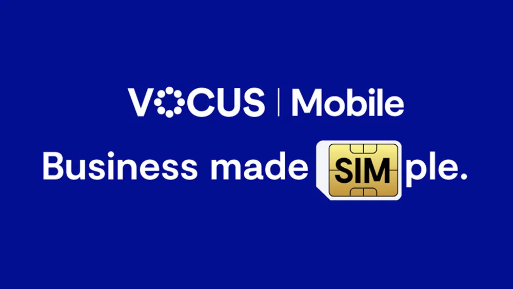 Graphic of the Vocus Mobile campaign: Vocus Mobile: Business made SIMple. SIMple is represented with a SIM card graphic.